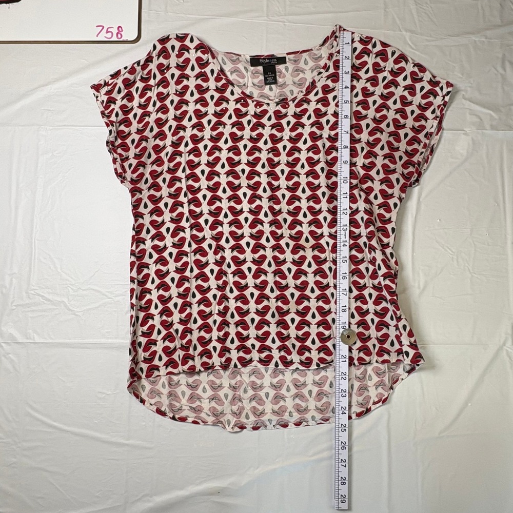 Style & Co Petite Small Red Black Geometric Rayon High Low Scoop Neck Blouse PS - Picture 2 of 6